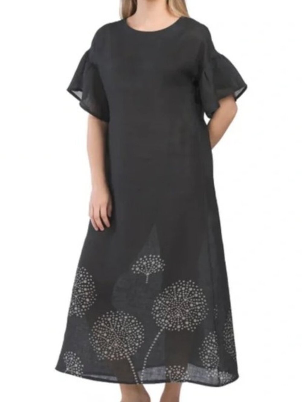 Black and White Floral Print Linen Summer Dress - Sz S
